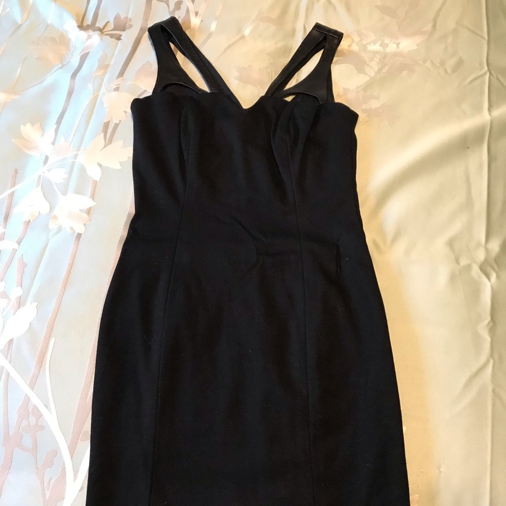 Black Leather Strap Knee Length Dress